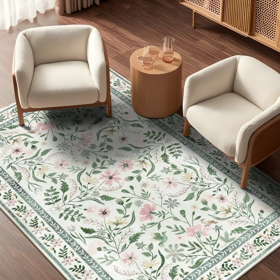 LOKHOM 4'x 6' Floral Washable Area Rugs for Living Room, Non Slip Low Pile Floor Carpet Soft Distressed Rug for Bedroom, Dining Room, Green