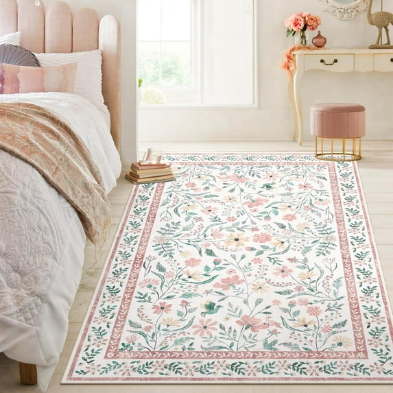 LOKHOM 4'x 6' Floral Washable Area Rugs for Living Room, Non Slip Low Pile Floor Carpet Soft Distressed Rug for Bedroom, Dining Room, Pink