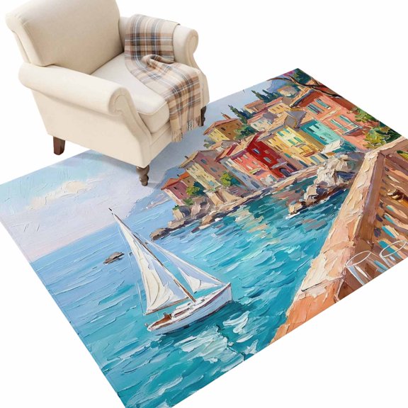 Washable Area Rugs 4x6 FT Coastal Nautical Rugs for Living Room Non-Slip Soft Low-Profile Rectangle Modern Ocean Oil Painting Country Sailboat Large Rug Carpet for Bedroom Dining Room Home Decor