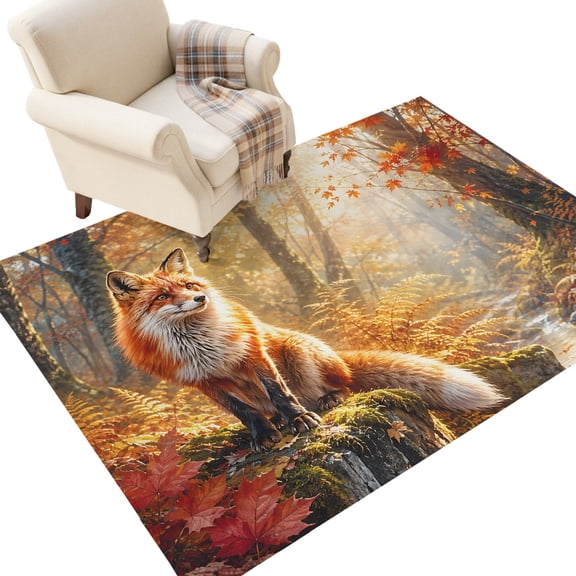 Washable Area Rugs 4x6 FT Fall Fox Rugs for Living Room Non-Slip Soft Non-Shedding Low-Profile Rectangle Autumn Forest Wild Maple Leaves Large Rug Carpet for Bedroom Dining Room Home Decor