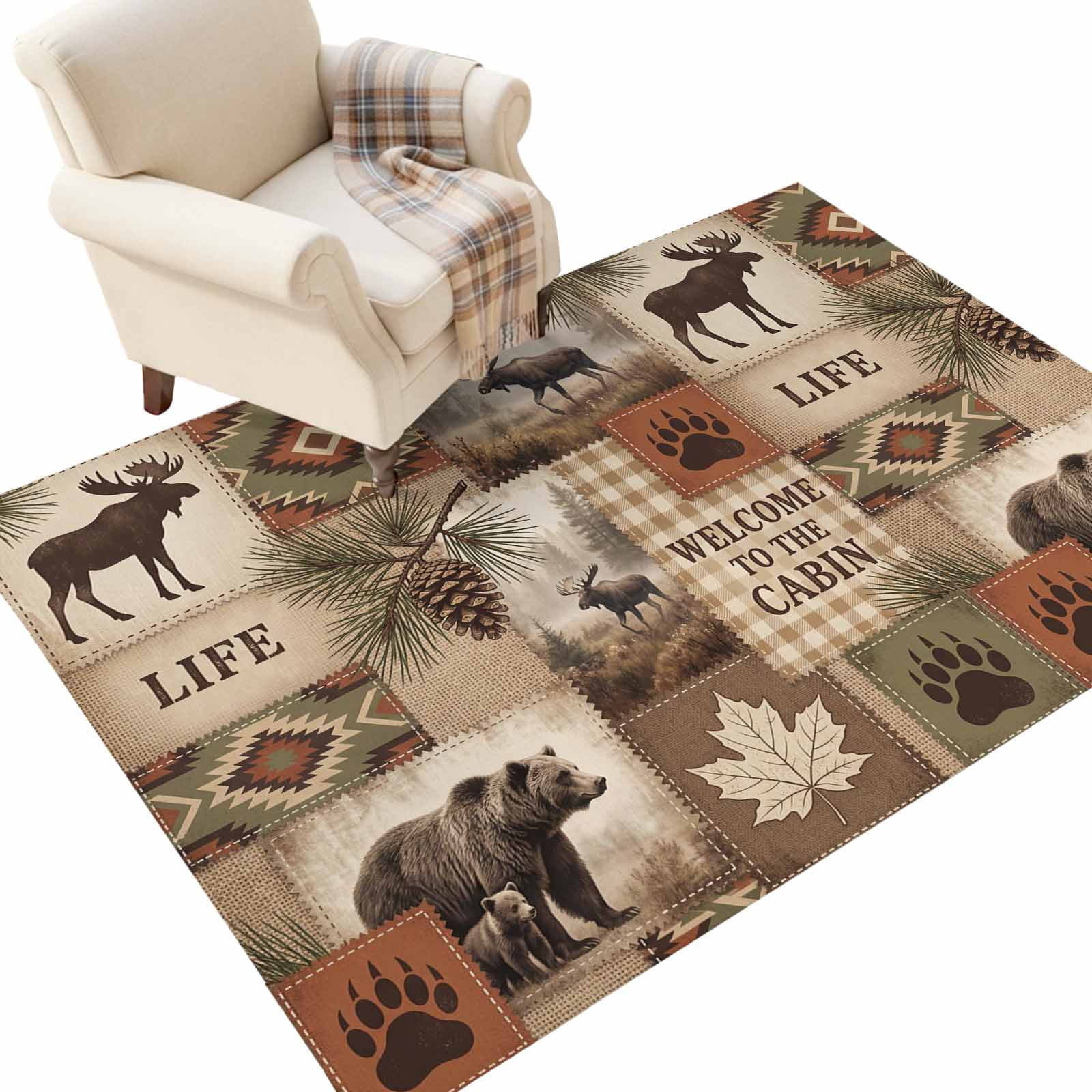 Washable Area Rugs 4x6 FT Moose Bear Rugs for Living Room Non-Slip Low ...