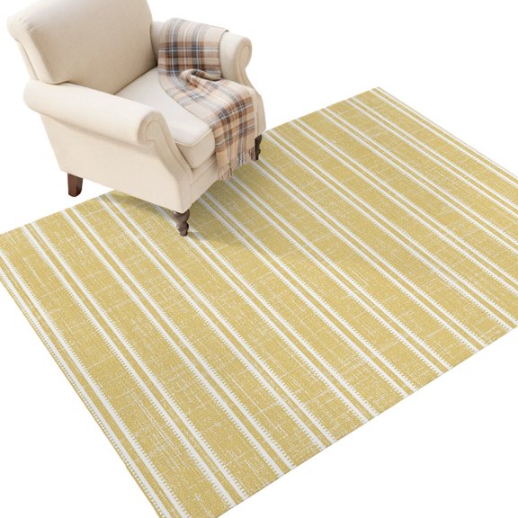 Washable Area Rugs 4x6 FT Yellow Striped Rugs for Living Room Non-Slip Low-Profile Rectangle Farmhouse Geometric Striped Modern Vintage Large Rug Carpet for Bedroom Dining Room Home Decor