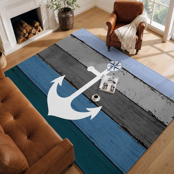 Washable Area Rugs 5x7, Blue Nautical Anchor Non-Slip Living Room Rug ...