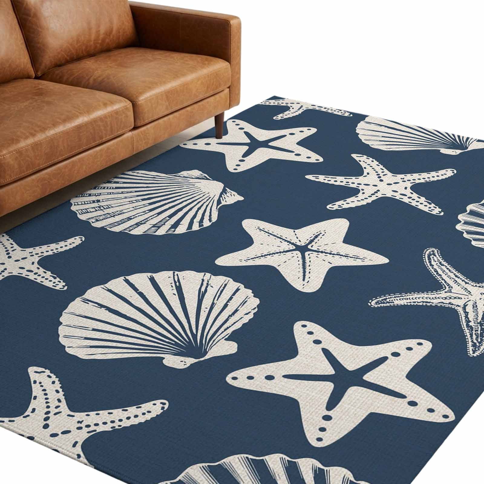 Shell Shaped Rug Extra Large Washable Area Rugs 5x7 FT Navy Blue Coastal Starfish Rugs for Living ...