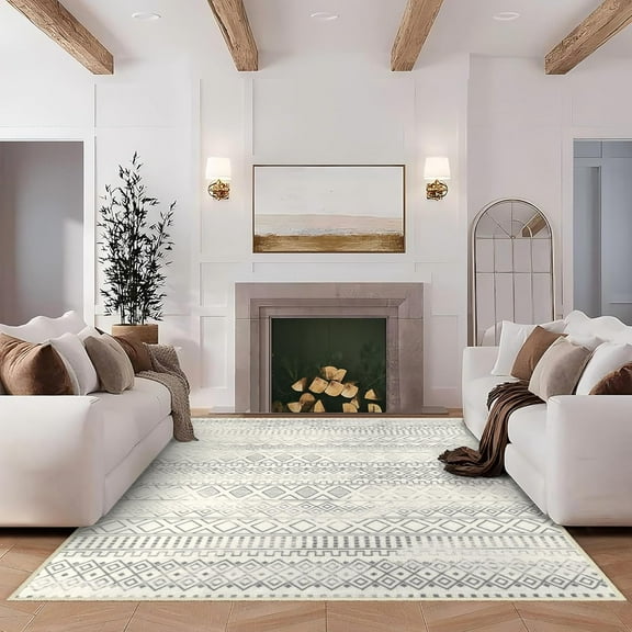 Washable Area Rugs 5x7, Grey and Beige Distressed Diamond Geometric Rug for Living Room Bedroom, Modern Farmhouse Minimalist Scandinavian Low Pile Non-Slip Carpet Rug for Office Dining Room