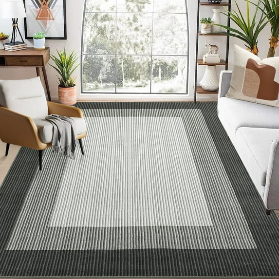Washable Area Rugs 5x7 Modern Abstract Throw Rugs Stain-Resistant Farmhouse Linear Floor Carpet with Non-Slip Backing Soft Low Pile Accent Rugs for Living Room Office, Black