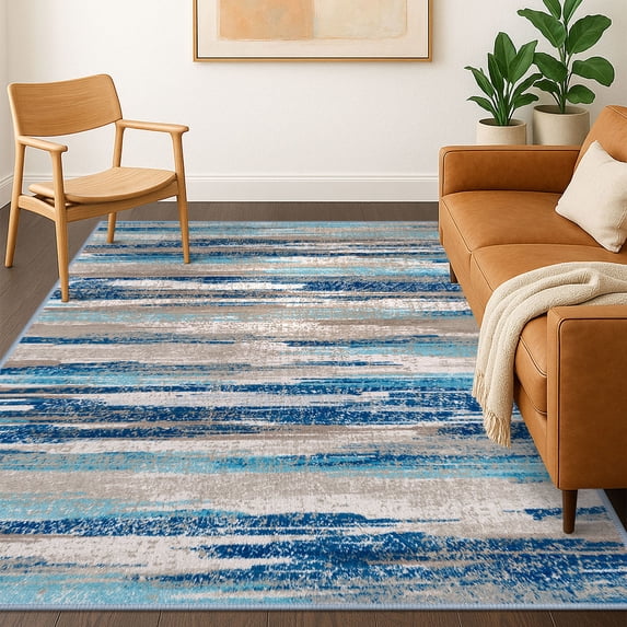 Brisasol Washable Rug with Rubber Backing 5x7 Blue Abstract Area Rug for Living Room Non Slip Printed Indoor Carpet for Bedroom Playroom Dining Room