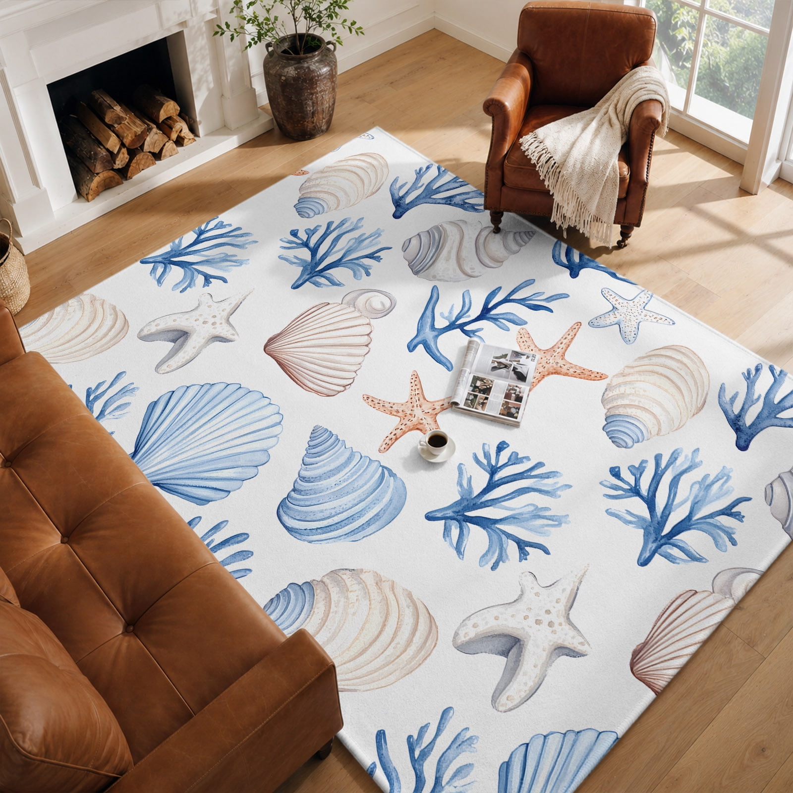 369 Shell Washable Area Rugs 5x7, Ocean Coastal Non-Slip Living Room Rug, Low ...