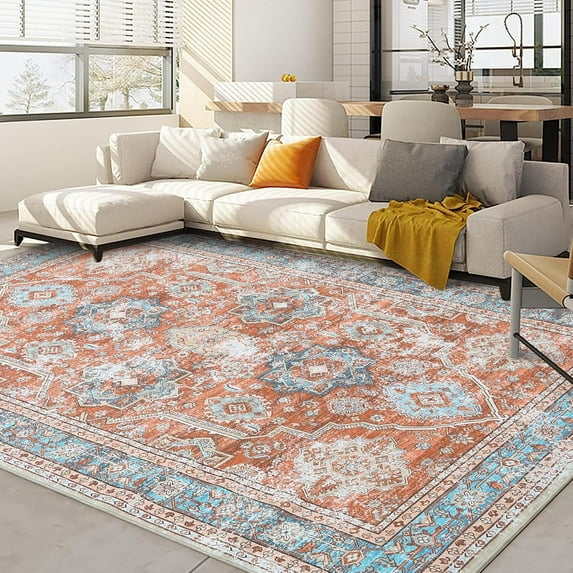 Washable Area Rugs 5x7 Rug for Living Room Indoor Mats for Entryway Soft Bedroom Rug Non Slip Vintage Boho Area Rug Farmhouse Throw Rugs Low Pile Stain Resistant Carpet 5'x7' Terracotta