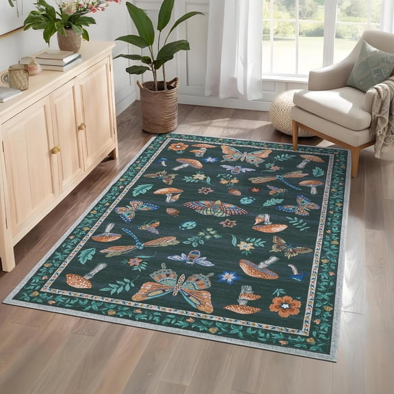 Washable Area Rugs 5x7 Vintage Mushroom Rug for Bedroom Low Pile Soft Non-Slip Throw Mat Modern Insect Print Nursery Carpets for Living Room Office Nursery, Black