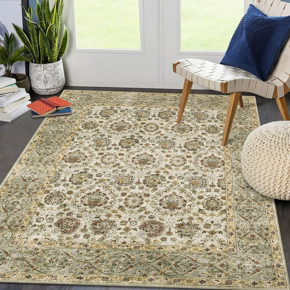 Washable Area Rugs 5x7 Vintage Printed Accent Rug Non-Slip Oriental Throw Rugs, Farmhouse Low Pile Rugs for Bedroom Living Room Light Green