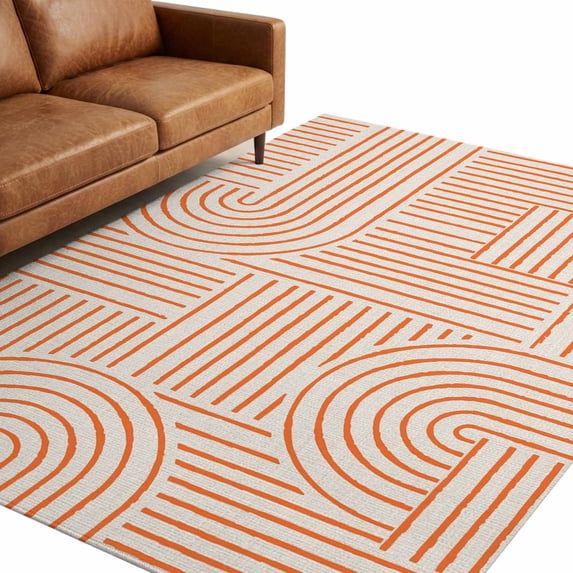 Washable Area Rugs 5x8 FT Orange Boho Rugs for Living Room Non-Slip Soft Non-Shedding Low-Profile Rectangle Abstract Geometric Curves Lines Modern Large Rug Carpet for Bedroom Dining Room Home Decor