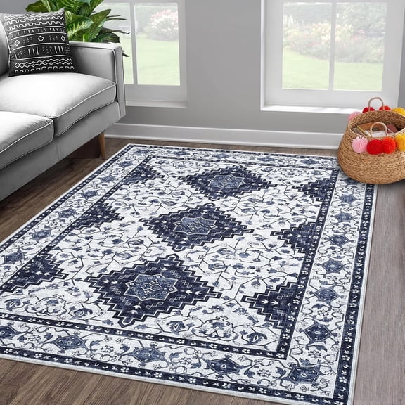 Washable Area Rugs 5x8 Geometric Printed Floor Carpet with Non-Slip Backing, Low Pile, for Living Room Bedroom Home Office, Navy