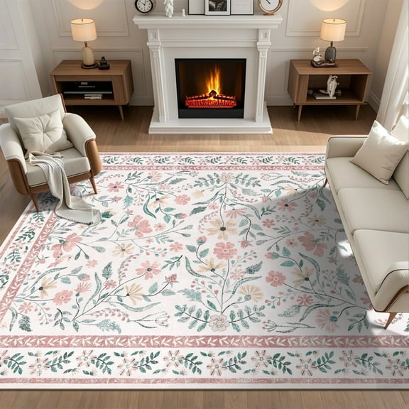 LOKHOM 6'x 9' Floral Washable Area Rugs for Living Room, Non Slip Low Pile Floor Carpet Soft Distressed Rug for Bedroom, Dining Room, Pink