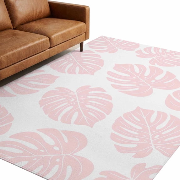 Pink Rug Room Washable Area Rugs 6x9 FT Pink Monstera Leaf Rugs for Living Room Non ...