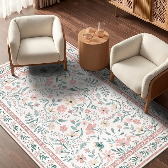 LOKHOM 8'x 10' Floral Washable Area Rugs for Living Room, Non Slip Low Pile Floor Carpet Soft Distressed Rug for Bedroom, Dining Room, Pink