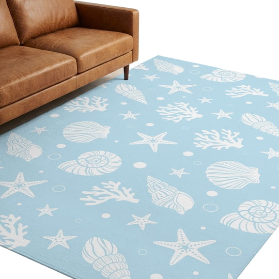 Washable Area Rugs 8x10 FT Light Blue Coastal Rugs for Living Room Non-Slip Low-Profile Rectangle Nautical Starfish Coral Shell Summer Ocean Large Rug Carpet for Bedroom Dining Room Home Decor