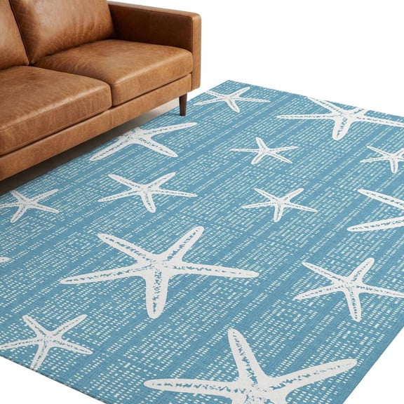 Washable Area Rugs 8x10 FT Teal Blue Starfish Coastal Rugs for Living Room Non-Slip Low-Profile Rectangle Summer Beach Nautical Sea Ocean Large Rug Carpet for Bedroom Dining Room Home Decor