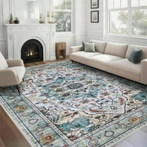 Washable Area Rugs, 8x10 Non-Slip Boho Large Area Rugs for Living Room, Bedroom, Machine Washable Vintage Rug, Indoor Floral Print Carpet for Home Decor, Kid & Pet Friendly Mat