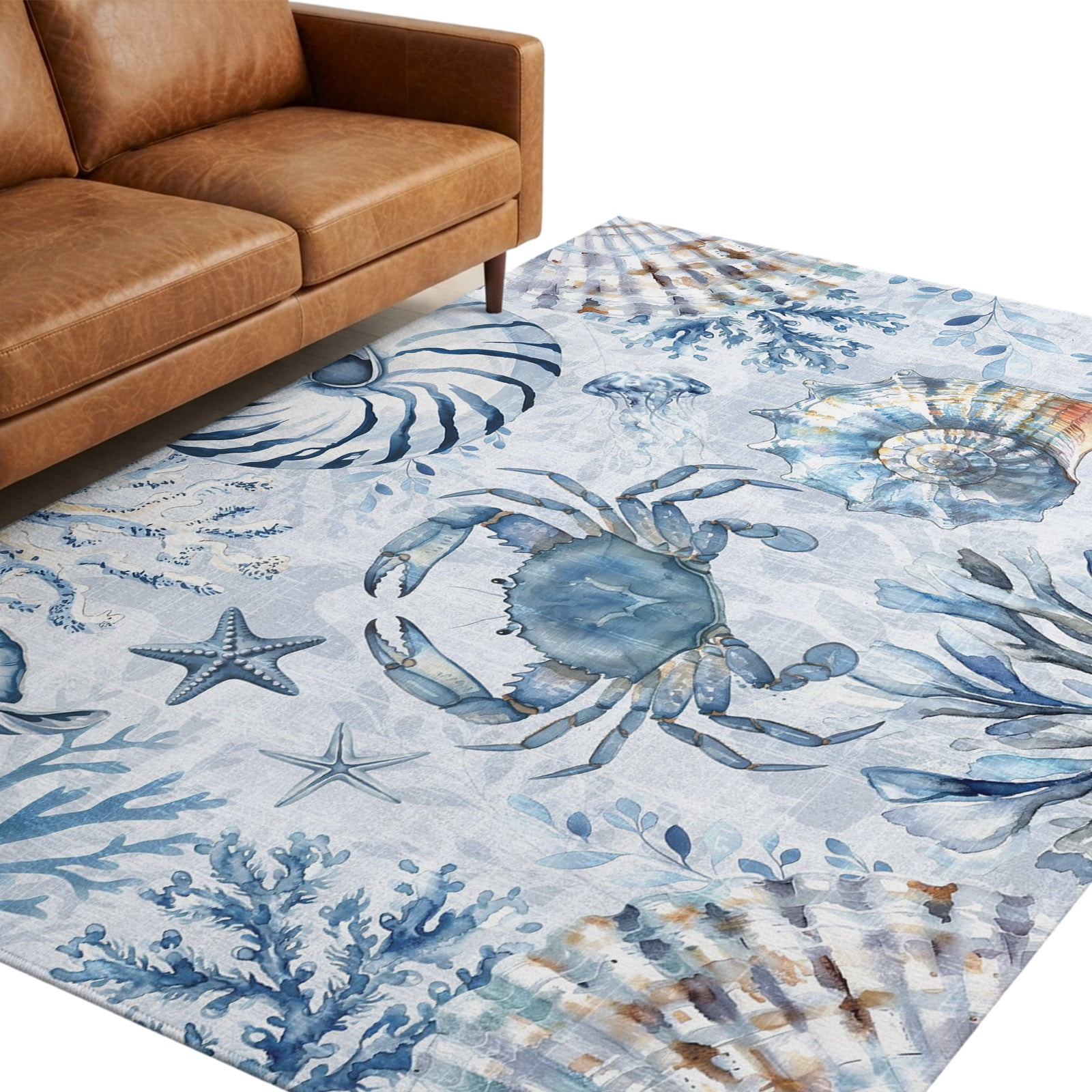 Shell Shaped Rug Extra Large Washable Area Rugs 9x12 FT Blue Crab Coastal Rugs for Living Room Non ...