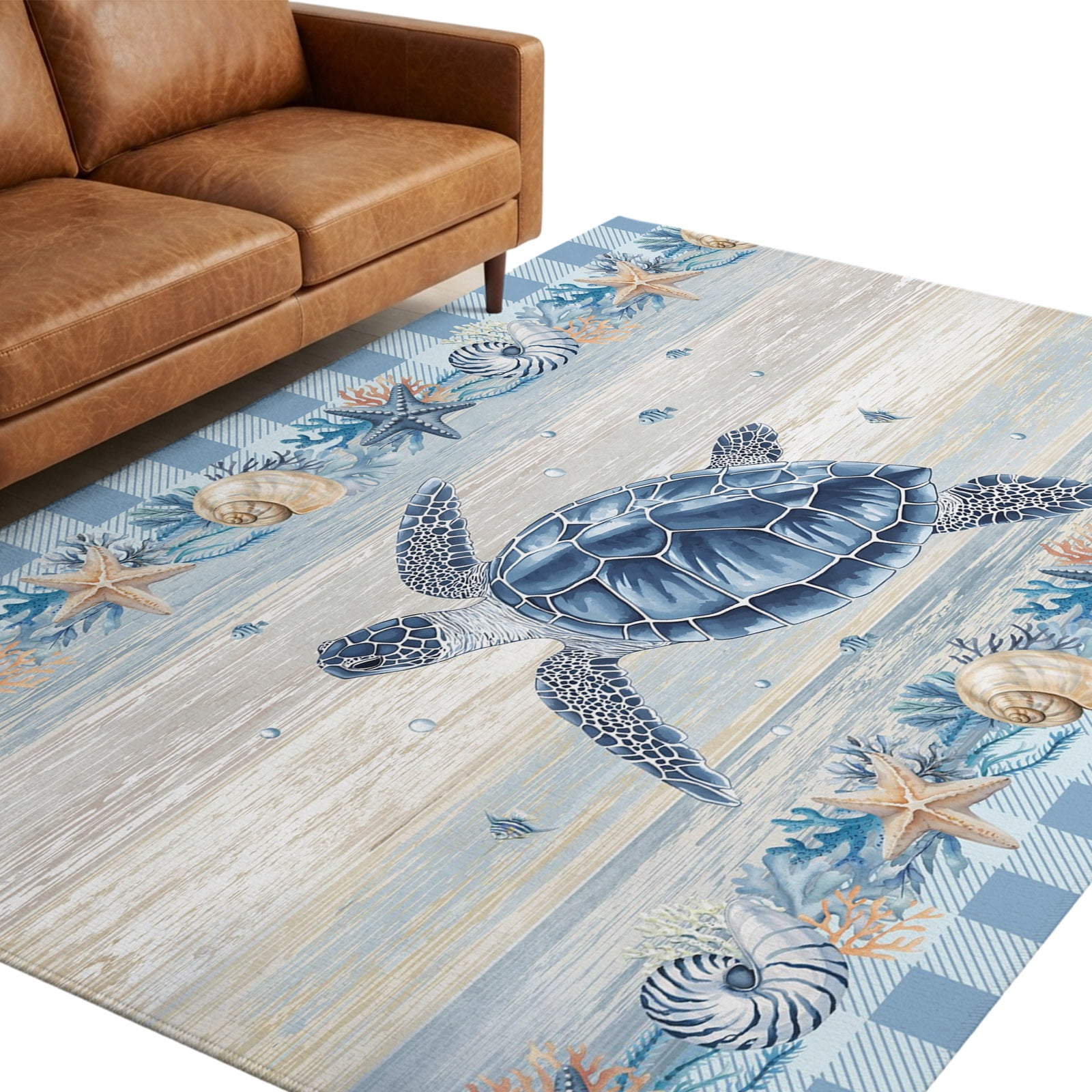 Shell Shaped Rug Extra Large Washable Area Rugs 9x12 FT Blue Sea Turtle Coastal Rugs for Living Room ...
