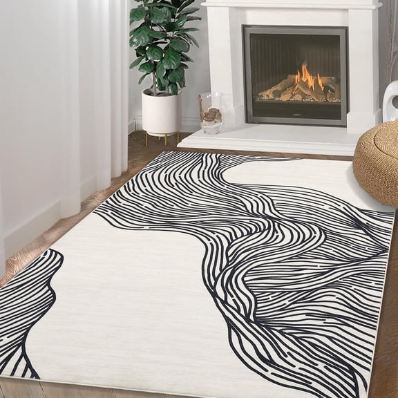Washable Area Rugs 9x12, Non-Shedding Super Soft Carpet with Nonslip Backing, Geometric Striped Modern Rug for Living Room, Black/Beige