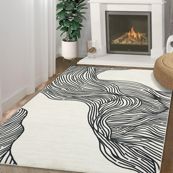 Washable Area Rugs 9x12, Non-Shedding Super Soft Carpet with Nonslip Backing, Geometric Striped Modern Rug for Living Room, Black/Beige