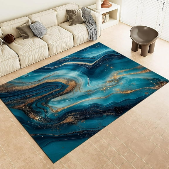 Washable Area Rugs, Abstract Vortex Marble Stripes Print Rugs Cyan Stain & Water Resistant Non-Slip, Pet & Child Friendly, Perfect For Living Room, Bedroom 1x2ft