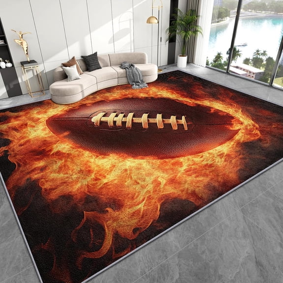 Washable Area Rugs - American Football Rug, Sports Flame Ball Boys Man Cave Indoor Throw Rugs, Low Pile Easy Clean Mats, Stain Resistant Entry Carpet for Floor Bedside Entrance 5x7ft