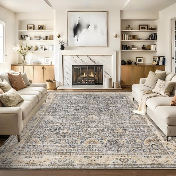 Washable Area Rugs, Beige Yellow 9'X12' Antique Distressed Large Rug for Living Room, Modern Non Slip Stain Resistant Vintage Print Accent Carpet Floor Mat for Bedroom Dining Office Farmhouse