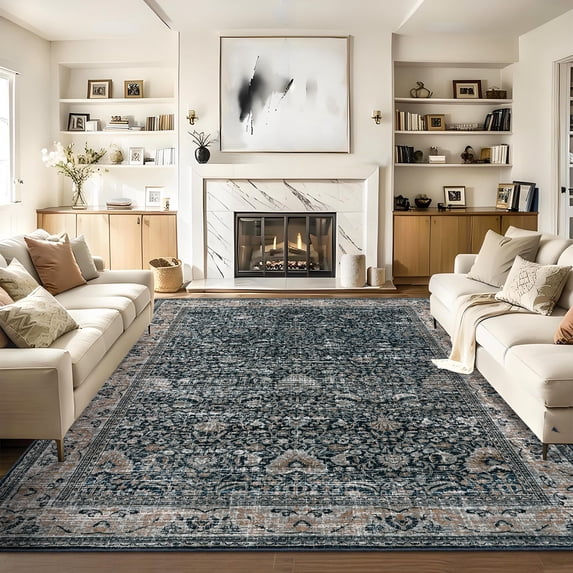 Washable Area Rugs, Black 10'X13' Antique Distressed Large Rug for Living Room, Modern Non Slip Stain Resistant Vintage Print Accent Carpet Floor Mat for Bedroom Dining Office Farmhouse