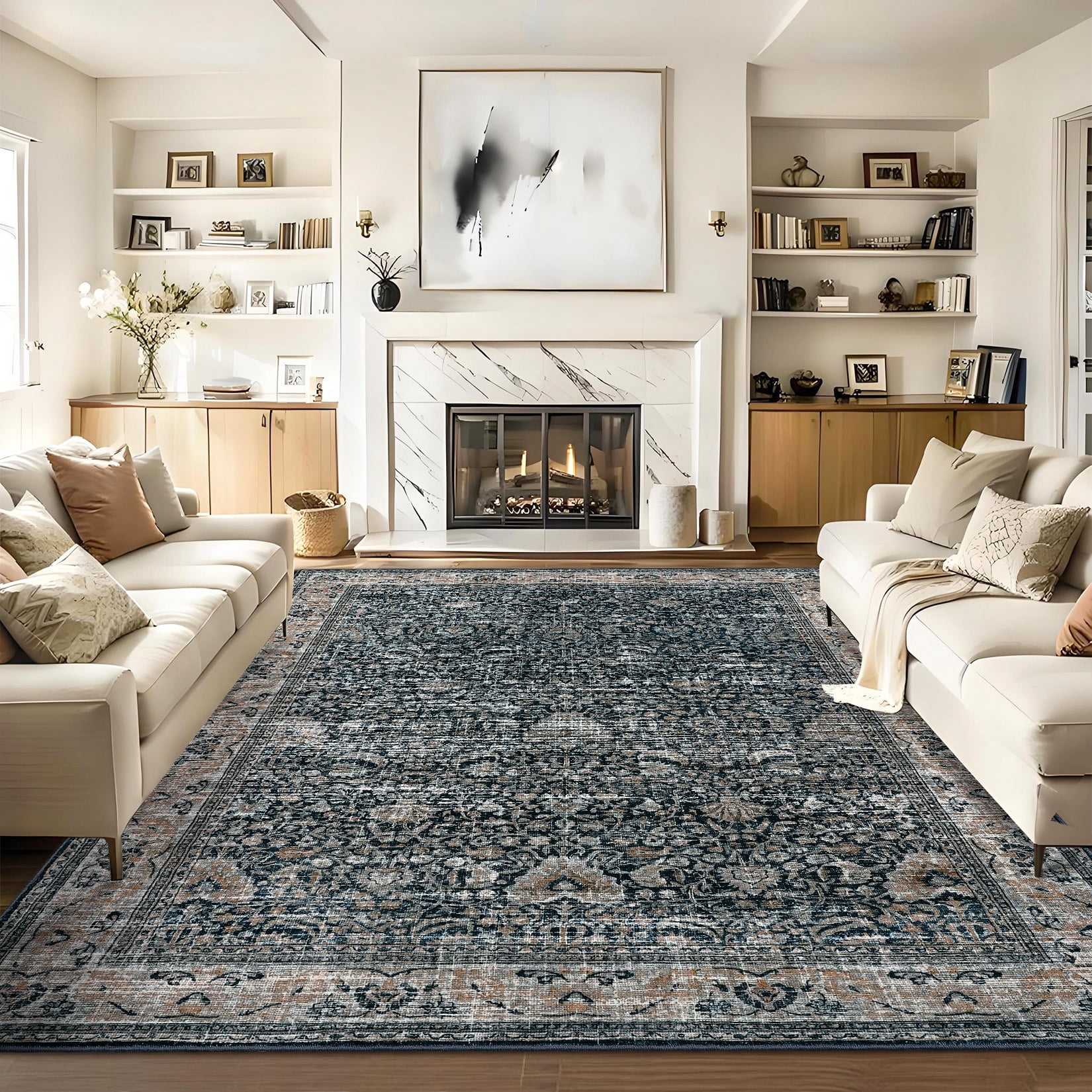 Washable Area Rugs, Black 9'X12' Antique Distressed Large Rug for Living Room, Modern Non Slip Stain Resistant Vintage Print Accent Carpet Floor Mat for Bedroom Dining Office Farmhouse