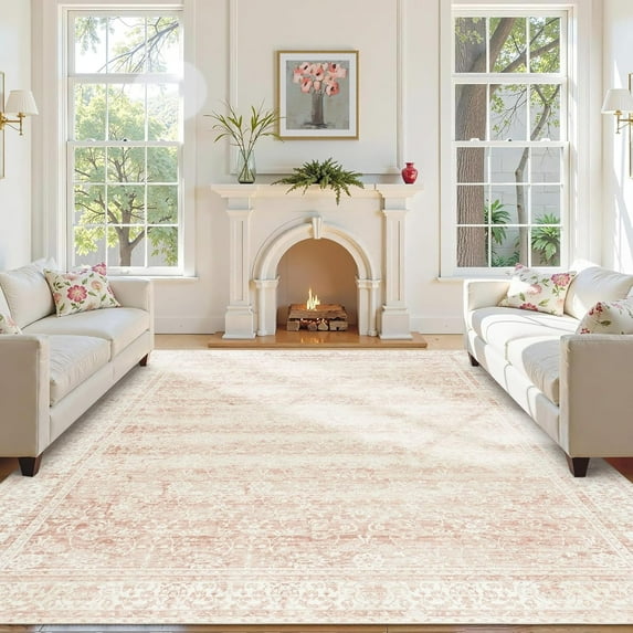 Washable Area Rugs For Living Room Girls Bedroom Blush Pink Soft Neutral Boho Floral Area Rug For Nursery-4x5ft