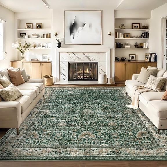 Washable Area Rugs, Green 8'X10' Antique Distressed Large Rug for Living Room, Modern Non Slip Stain Resistant Vintage Print Accent Carpet Floor Mat for Bedroom Dining Office Farmhouse
