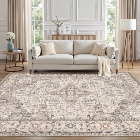 UERMEI 5'x7' Washable Area Rugs for Living Room, Vintage Floral Boho Printed Carpet, Non Slip Indoor Rugs for Bedroom Home Decor Carpets, Beige Brown