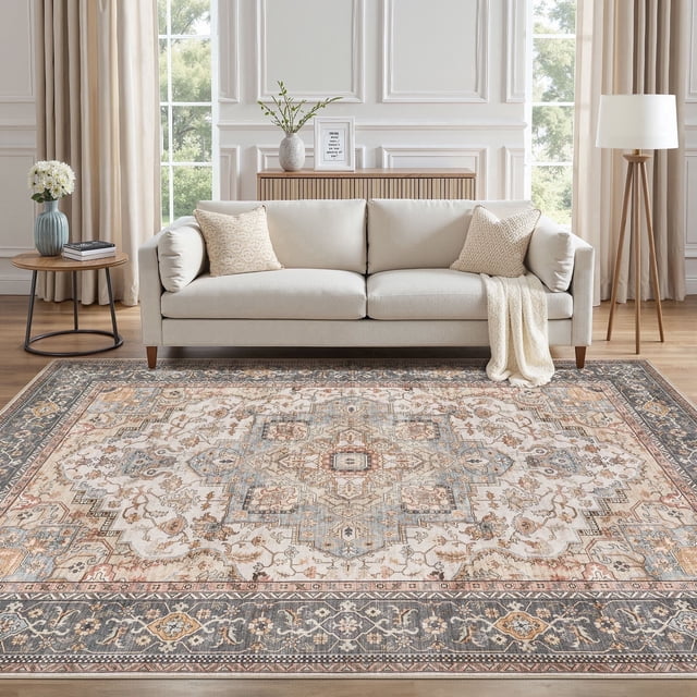 UERMEI 5'x7' Washable Area Rugs for Living Room, Vintage Floral Boho Printed Carpet, Non Slip Indoor Rugs for Bedroom Home Decor Carpets, Black/Sage/Brown