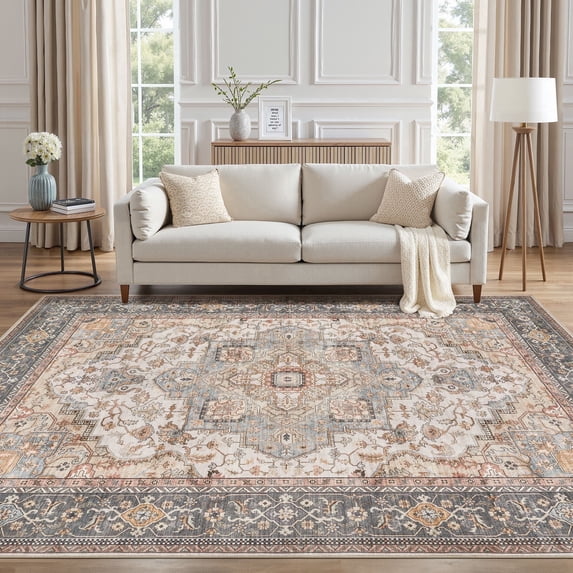UERMEI 5'x7' Washable Area Rugs for Living Room, Vintage Floral Boho Printed Carpet, Non Slip Indoor Rugs for Bedroom Home Decor Carpets, Black/Sage/Brown