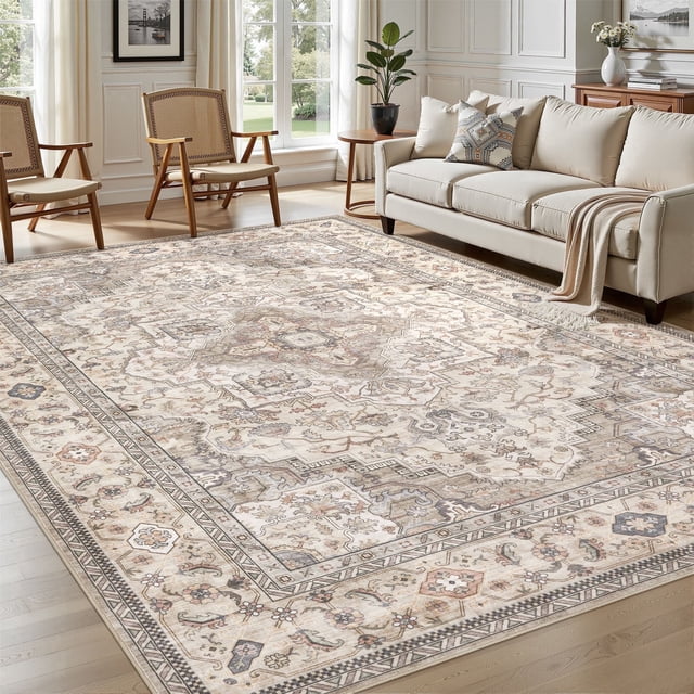 UERMEI 8'x10' Washable Area Rugs for Living Room, Vintage Floral Boho Printed Carpet, Non Slip Indoor Large Rugs for Bedroom Home Decor Carpets, Beige Brown