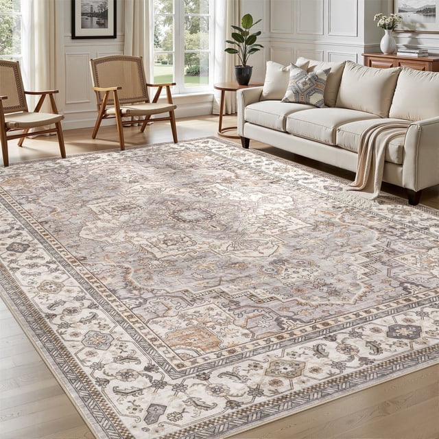 UERMEI 8'x10' Washable Area Rugs for Living Room, Vintage Floral Boho Printed Carpet, Non Slip Indoor Large Rugs for Bedroom Home Decor Carpets, Beige Gray