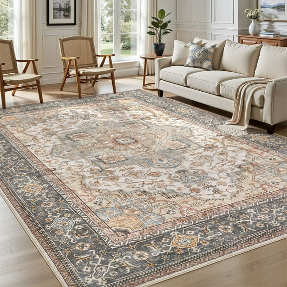 UERMEI 9'x12' Washable Area Rugs for Living Room, Vintage Floral Boho Printed Carpet, Non Slip Indoor Large Rugs for Bedroom Home Decor Carpets, with 6Pcs Rug Tape - Black/Sage/Brown
