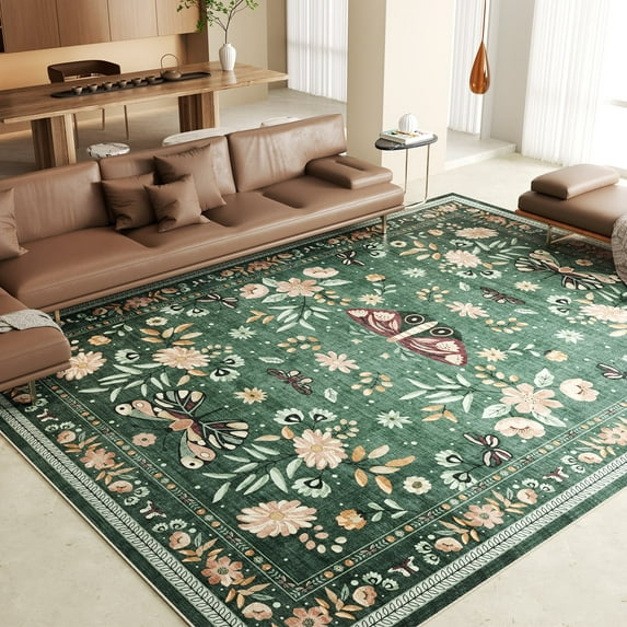 Washable Area Rug for Living Room, NovDeco 9'x12' Non-Slip Vintage Boho Emerald Green Indoor Rug, Low Pile Stain Resistant Carpet for Bedroom Kitchen