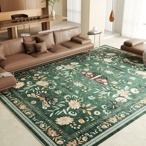 Washable Area Rug for Living Room, NovDeco 9'x12' Non-Slip Vintage Boho Emerald Green Indoor Rug, Low Pile Stain Resistant Carpet for Bedroom Kitchen