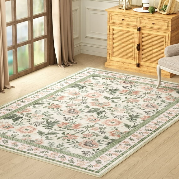 Washable Area Rug for Living Room, NovDeco 6'x9' Non-Slip Boho Pink Floral Print Indoor Rug, Low Pile Stain Resistant Carpet for Bedroom Kitchen