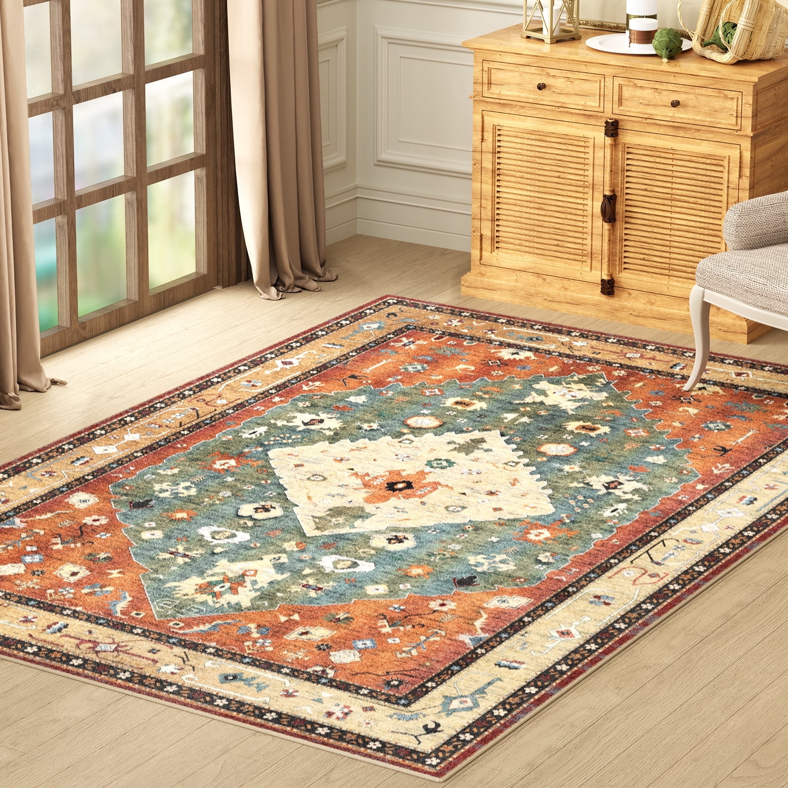 Cleanable Rugs Washable Area Rug for Living Room, NovDeco 6'x9' Non-Slip Vintage ...