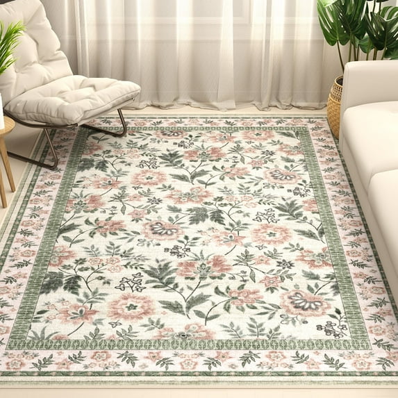 Washable Area Rug for Living Room, NovDeco 5'x7' Non-Slip Boho Pink Floral Print Indoor Rug, Soft Low Pile Stain Resistant Carpet for Bedroom Nursery