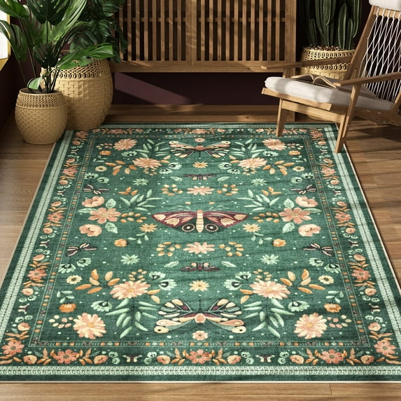 Washable Area Rug for Living Room, NovDeco 4'x6' Non-Slip Vintage Boho Emerald Green Indoor Rug, Low Pile Stain Resistant Carpet for Bedroom Nursery