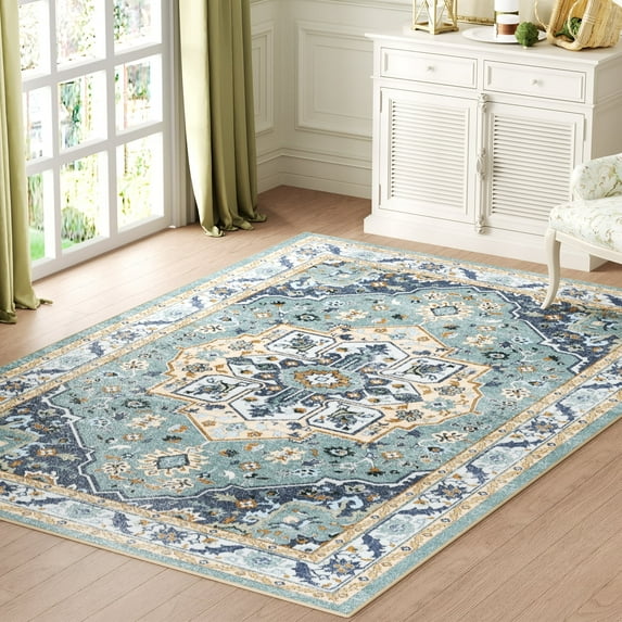 Washable Area Rug for Living Room, NovDeco 6'x9' Non-Slip Vintage Boho Light Blue Indoor Rug, Soft Low Pile Stain Resistant Carpet for Bedroom Kitchen