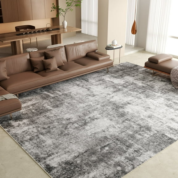 Washable Area Rug for Living Room, NovDeco 9'x12' Non-Slip Neutral Abstract Gray Indoor Rugs, Low Pile Stain Resistant Carpet for Bedroom Kitchen