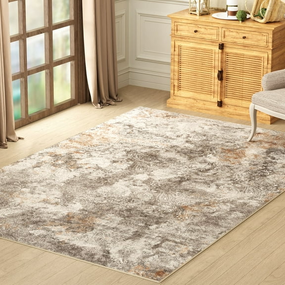 Washable Area Rug for Living Room, NovDeco 6'x9' Non-Slip Neutral Abstract Beige Indoor Rug, Low Pile Stain Resistant Carpet for Bedroom Dinning Room