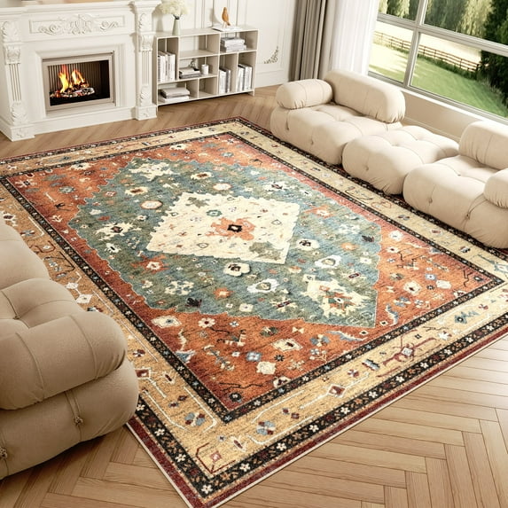 Washable Area Rug for Living Room, NovDeco 8'x10' Non-Slip Vintage Oriental Indoor Rug, Soft Low Pile Stain Resistant for Bedroom Office Dining Room